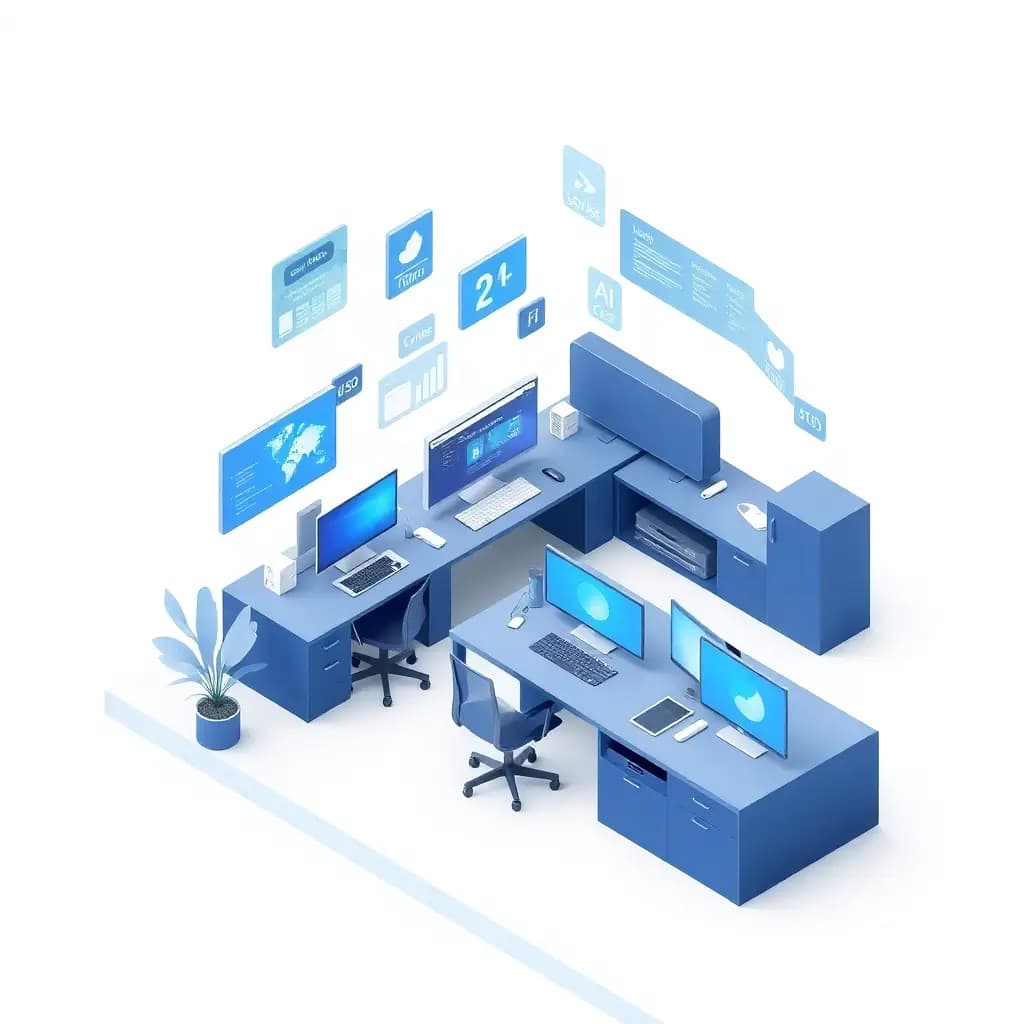 3D isometric illustration of modern workspace with floating digital elements, computers and UI interfaces, blue color scheme, light background
