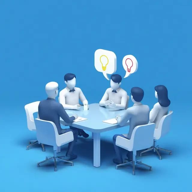 3D illustration of people in meeting discussing ideas, blue and white color scheme, minimalist style