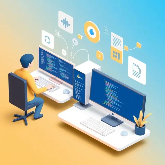 3D illustration of people working on computers with code and design elements, blue and white color scheme, minimalist style