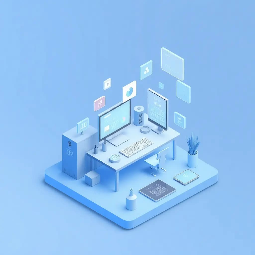 modern 3D isometric illustration of tech workspace with floating digital elements, computers, mobile devices and UI interfaces, blue color scheme, light background, minimalist design style
