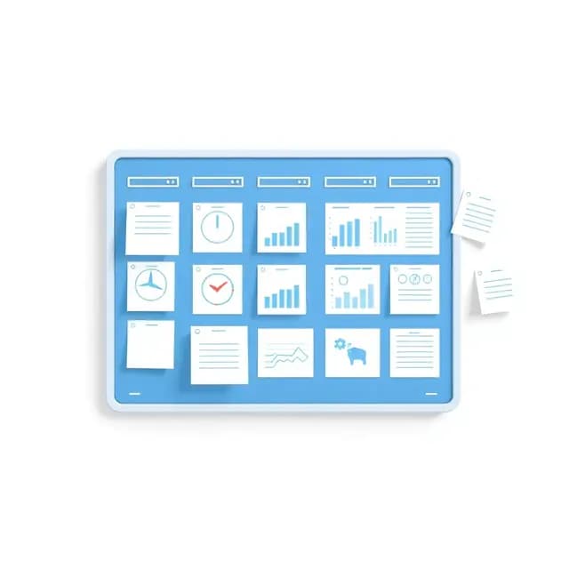 3D illustration of planning board with sticky notes and charts, blue and white color scheme, minimalist style