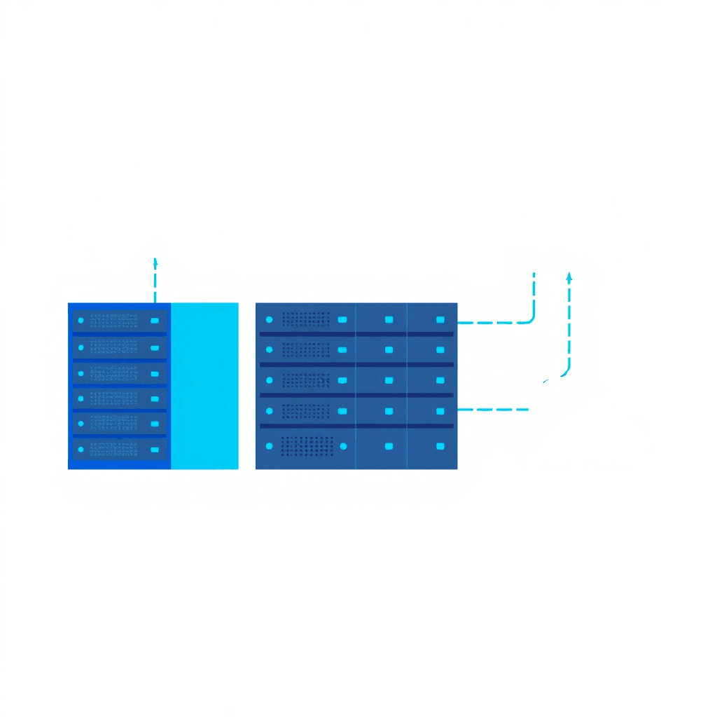 web hosting and cloud services illustration with server racks, blue accents, minimalist style