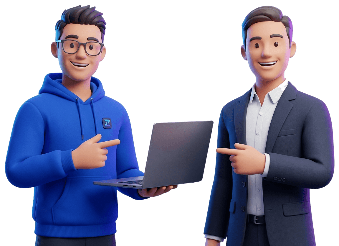 Ilustrasi 3D engineer IT dengan hoodie Zavelin dan partner bisnis yang tersenyum menunjuk laptop