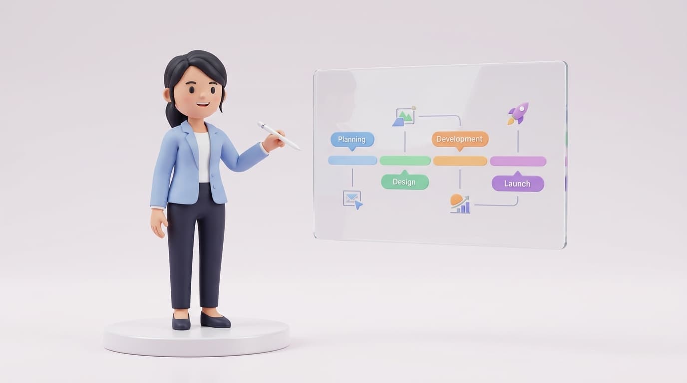 Ilustrasi 3D papan perencanaan proyek dengan milestone dan grafik